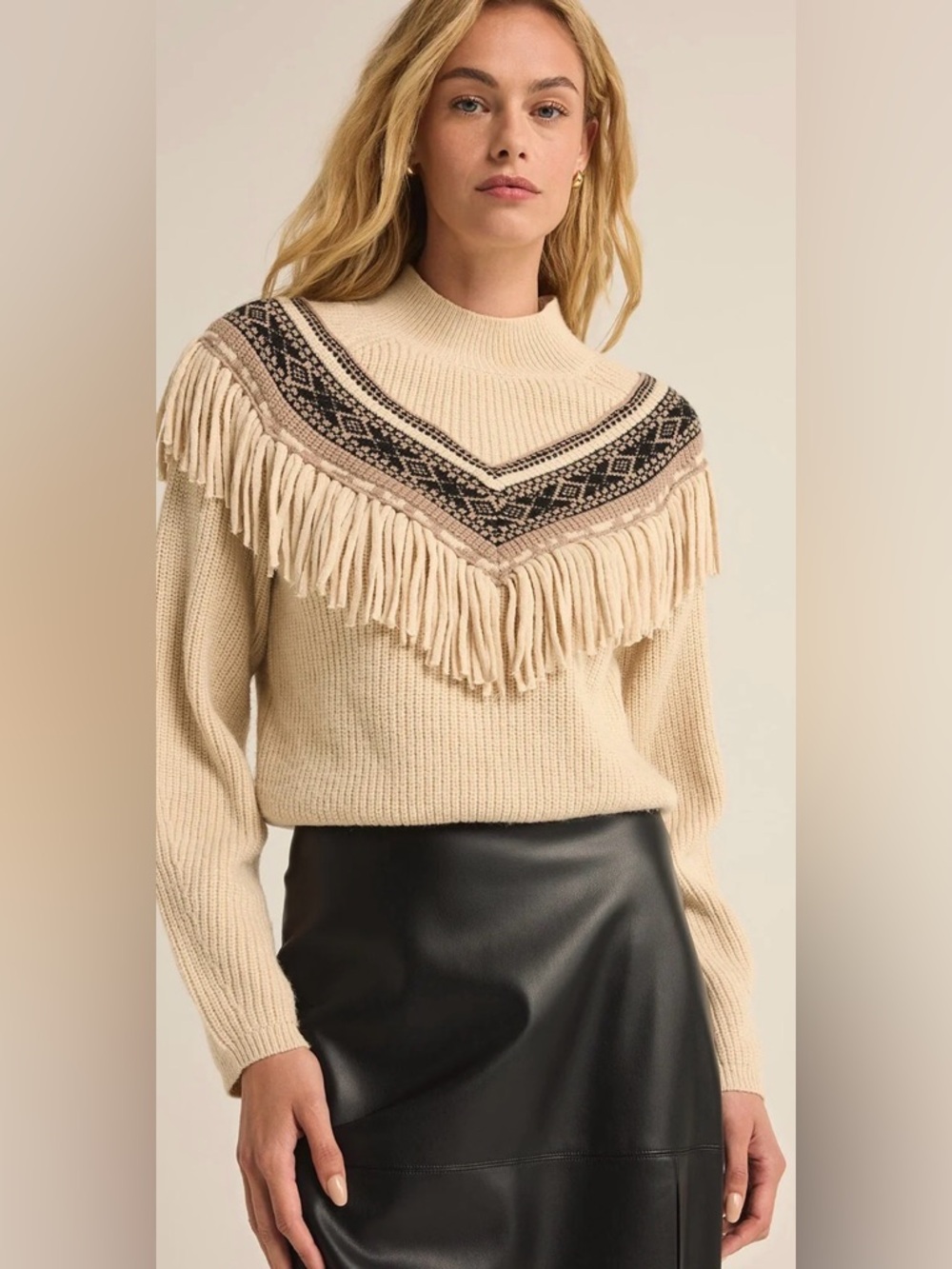 Z Supply North Fringe Sweater Stone Intarsia Knit Mock Neck Extra Small